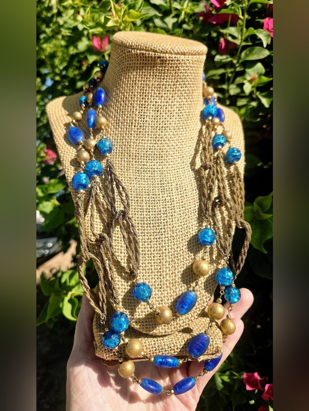 Vintage Multi-Strand Cobalt Art Glass & Unique Woven Mesh Chains Necklace